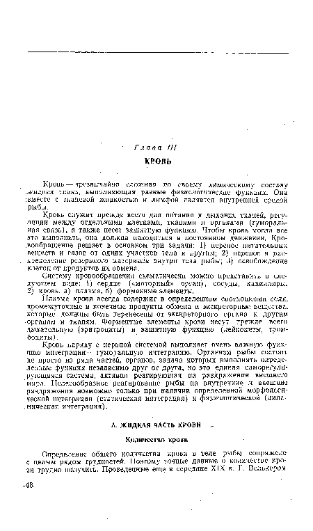 Кровь — чрезвычайно сложная по своему химическому составу жидкая ткань, выполняющая разные физиологические функции. Она вместе с тканевой жидкостью и лимфой является внутренней средой рыбы.