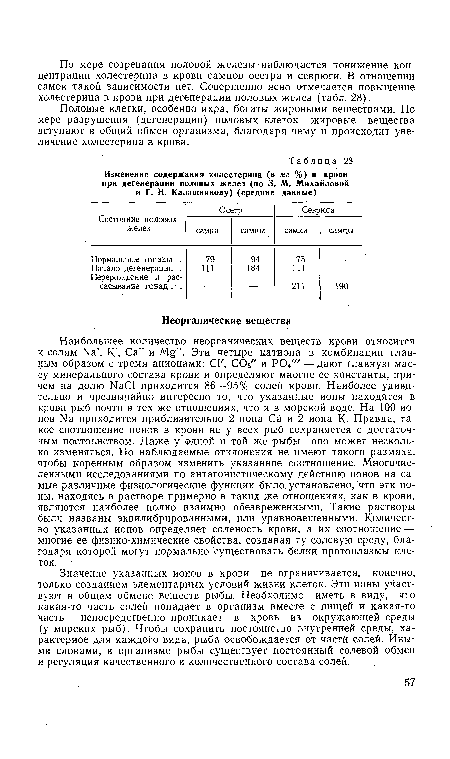 Значение указанных ионов в крови не ограничивается, конечно, только созданием элементарных условий жизни клеток. Эти ионы участвуют в общем обмене веществ рыбы. Необходимо иметь в виду, что какая-то часть солей попадает в организм вместе с пищей и какая-то часть непосредственно проникает в кровь из окружающей среды (у морских рыб). Чтобы сохранить постоянство внутренней среды, характерное для каждого вида, рыба освобождается от части солей. Иными словами, в организме рыбы существует постоянный солевой обмен и регуляция качественного и количественного состава солей.