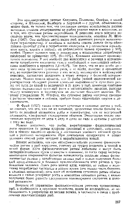 Ф. Фрай (1957) также отмечает суточные и сезонные ритмы у рыб, но считает, что эти, как он их называет, эндогенные циклы больше зависят от внешней активности рыбы и температуры, чем от внутренней активности, измеряемой стандартным обменом. Эндогенные циклы значительно варьируют от вида к виду и даже по силе и времени у одного и того же вида.