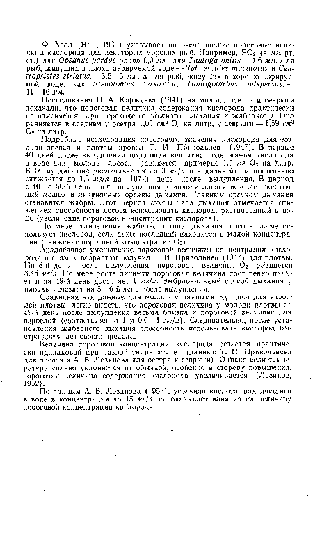 По мере становления жаберного типа дыхания лосось легче использует кислород, если даже последний находится в малой концентрации (снижение пороговой концентрации Ог).