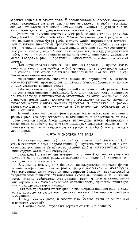 Изучением питания рыб занимались многие исследователи. Шло оно в основном в двух направлениях: 1) изучение питания рыб в естественных условиях и 2) изучение питания рыб в искусственных условиях (пруды, бассейны, аквариумы).