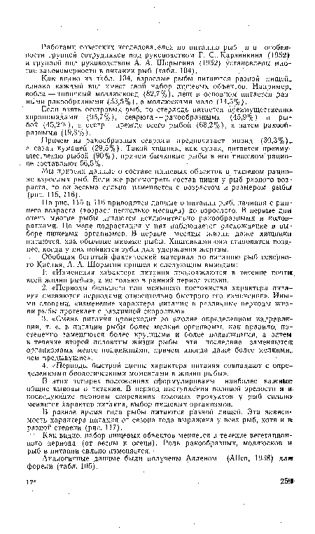 На рис. 115 и 116 приводятся данные о питании рыб, начиная с раннего возраста (возраст несколько месяцев) до взрослого. В первые дни-очень многие рыбы питаются исключительно ракообразными и коловратками. По мере подрастания у них наблюдается расхождение в выборе пищевых организмов. В первые месяцы жизни даже хищника питаются, как обычные мирные рыбы. Хищниками они становятся позднее, когда у них появятся зубы для удержания жертвы.