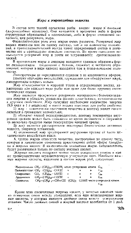 В состав всех тканей организма рыбы входят жиры и липоиды (жироподобные вещества). Они находятся в организме либо в форме структурных образований в протоплазме, либо в форме отложений запасного, или резервного, жира.