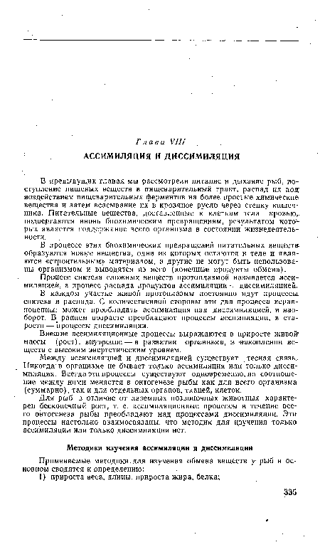 Для рыб в отличие от наземных позвоночных животных характерен бесконечный рост, т. е. ассимиляционные процессы в течение всего онтогенеза рыбы преобладают над процессами диссимиляции. Эти процессы настолько взаимосвязаны, что методик для изучения только ассимиляции или только диссимиляции нет.