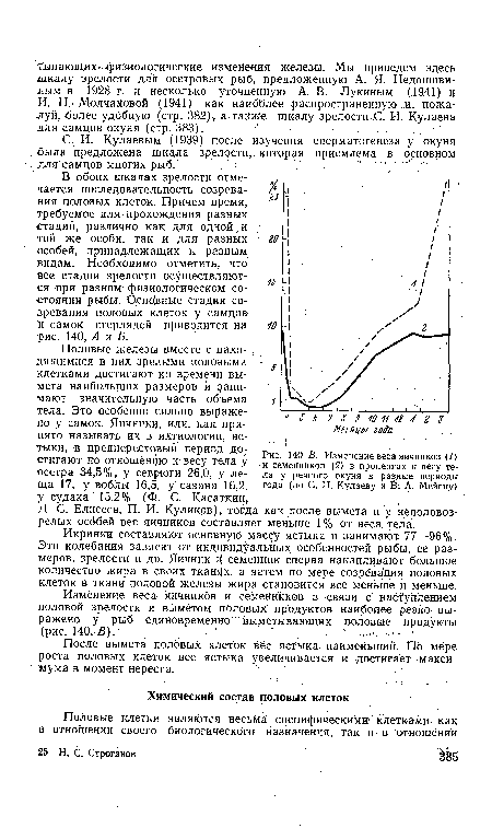 В. Изменение веса яичников (/) и семенников (2) в процентах, к весу тела у; речного окуня в раздые периоды года ¡(по С. И. Кулаеву и В. А. Мейену)