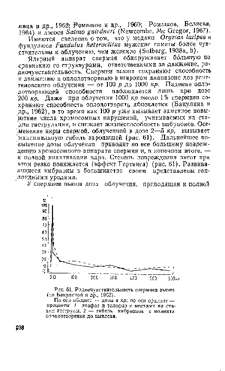 По оси абсцисс — дозы в кр; по оси ординат — проценты: 1—анафаз и телофаз с мостами на стадии гаструлы, 2 — гибель эмбрионов с момента оплодотворения до выклева.