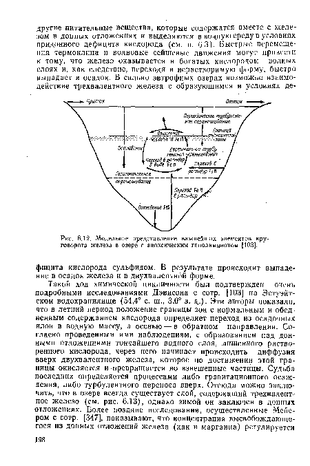 Модельное представление важнейших элементов круговорота железа в озере с аноксическим гиполимнионом [103].