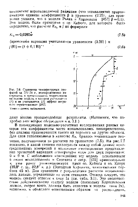 Сравнение температурных профилей за 7/V-74 г., непосредственно из- ц . меренных и предсказанных теоретически на основе модели, в которой учитывается (2) и не учитывается (У) эффект ветрового перемешивания [241].	^.