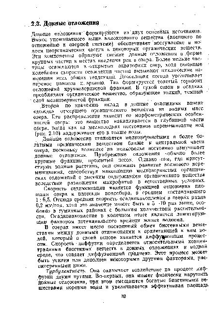 Второй по значению вклад в донные обложения вносит «дождь» отмершего органического вещества из водных масс озера. Его распределение зависит от морфометрических особенностей озера: это вещество накапливается в глубинной части озера, тогда как на мелководьях постоянное перемешивание вод (рис. 2.10) задерживает его в толще воды.