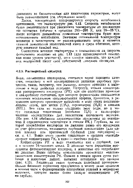 Далее, температурой контролируется скорость метаболизма организмов, что иллюстрирует рис. 4.12. Скорость метаболизма будет увеличиваться при увеличении температуры до достижения ею оптимума (обычно в пределах 293—298 К, или 20—25°С), после которого дальнейшее повышение температуры будет приостанавливать метаболизм. Значение оптимальной температуры меняется в зависимости от рассматриваемого вида и является главной доминантой экологической ниши в среде обитания, которую занимает каждый вид.