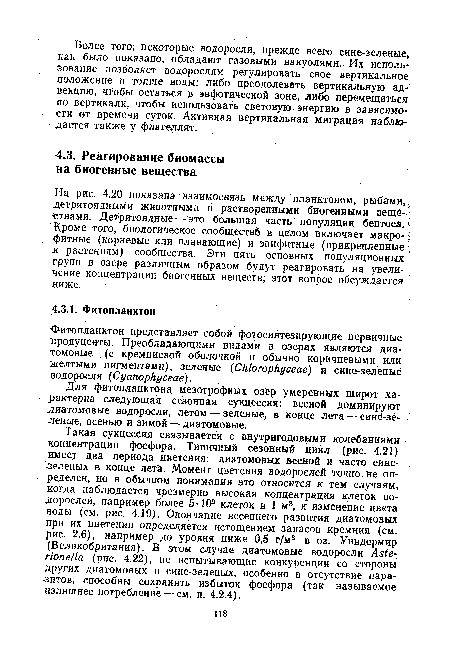 На рис. 4.20 показана взаимосвязь между планктоном, рыбами, детритоядными животными и растворенными биогенными веществами. Детритоядные — это большая часть популяции бентоса Кроме того, биологическое сообществе в целом включает макро-фитные (корневые или плавающие) и эпифитные (прикрепленные к растениям) сообщества. Эти пять основных популяционных групп в озере различным образом будут реагировать на увеличение концентрации биогенных веществ; этот вопрос обсуждается ниже.