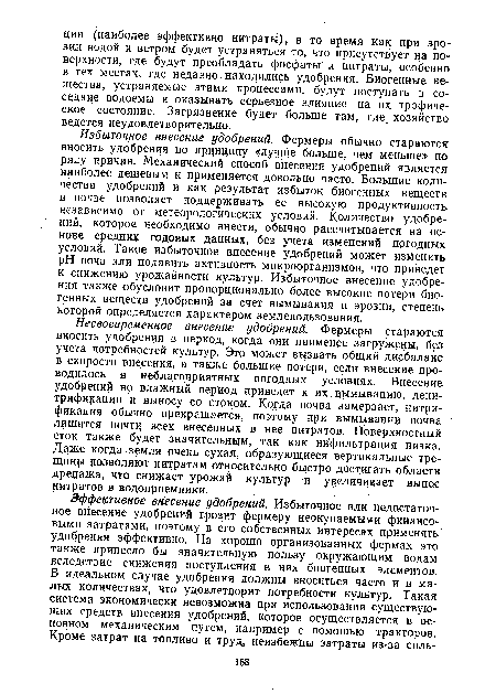 Избыточное внесение удобрений. Фермеры обычно стараются вносить удобрения по принципу «лучше больше, чем меньше» по ряду причин. Механический способ внесения удобрений является наиболее дешевым и применяется довольно часто. Большие количества удобрений и как результат избыток биогенных веществ в почве позволяет поддерживать ее высокую продуктивность независимо от метеорологических условий. Количество удобрений, которое необходимо внести, обычно рассчитывается на основе средних годовых данных, без учета изменений погодных условий. Такое избыточное внесение удобрений может изменить pH почв или подавить активность микроорганизмов, что приведет к снижению урожайности культур. Избыточное внесение удобрения также обусловит пропорционально более высокие потери биогенных веществ удобрений за счет вымывания и эрозии, степень которой определяется характером землепользования.