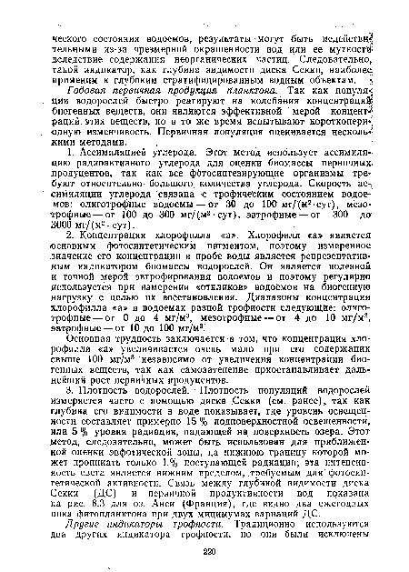 Годовая первичная продукция планктона. Так как популя ции водорослей быстро реагируют на колебания концентраций биогенных веществ, они являются эффективной мерой концентраций этих веществ, но в то же время испытывают короткопери-•одную изменчивость. Первичная популяция оценивается несколькими методами.