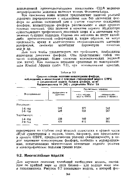 Все описанные выше модели предполагают наличие условий хорошего перемешивания с выделением или без выделения фосфора из донных отложений или с учетом «чистого» осаждения фосфора; концентрацию фосфора рассчитывают в виде средних годовых значений. Они полезны в качестве первого индикатора •существующего трофического состояния озера и в выявлении возможных будущих подходов. Однако эти значения не несут какой-либо прогностической информации и, таким образом, не могут предсказать время и количественно охарактеризовать цветение водорослей, сезонные колебания параметров качества вод и др.