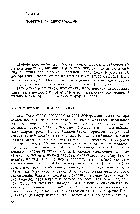 При ковке в основном происходит пластическая деформация металла, в процессе которой объем тела не изменяется, меняется только взаимное расположение и форма зерен.
