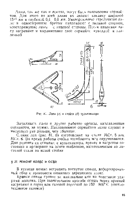 Лапа (а) и стойка (б) культиватора