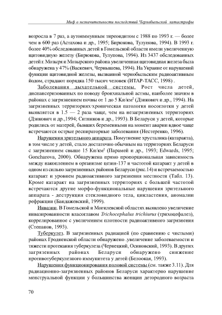 Туберкулез. В загрязненных радиацией (по сравнению с чистыми) районах Гродненской области обнаружено .увеличение заболеваемости и тяжести протекания туберкулеза (Чернецкий, Осиновский, 1993). В других загрязенных районах Беларуси обнаружено снижение противотуберкулезного иммунитета у детей (Белоокая, 1993).