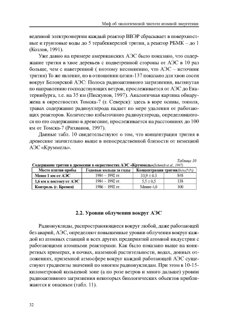 Радионуклиды, распространяющиеся вокруг любой, даже работающей без аварий, АЭС, определяют повышенные уровни облучения вокруг каждой из атомных станций и всех других предприятий атомной индустрии с работающими атомными реакторами. Как было показано выше на конкретных примерах, в почвах, наземной растительности, водах, донных отложениях, приземной атмосфере вокруг каждой работающей АЭС существуют градиенты значений по многим радионуклидам. При этом в 10-15-километровой кольцевой зоне (а по розе ветров и много дальше) уровни радиоактивного загрязнения некоторых биологических объектов приближаются к опасным (табл. 11).