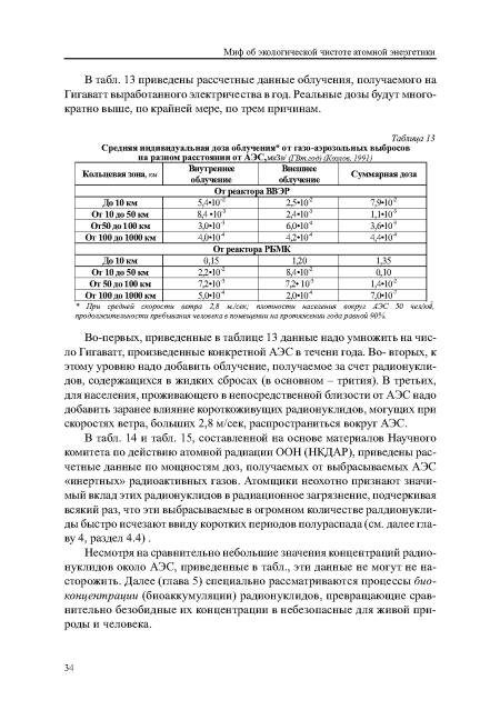 Во-первых, приведенные в таблице 13 данные надо умножить на число Гигаватт, произведенные конкретной АЭС в течени года. Во- вторых, к этому уровню надо добавить облучение, получаемое за счет радионуклидов, содержащихся в жидких сбросах (в основном - трития). В третьих, для населения, проживающего в непосредственной близости от АЭС надо добавить заранее влияние короткоживущих радионуклидов, могущих при скоростях ветра, больших 2,8 м/сек, распространиться вокруг АЭС.