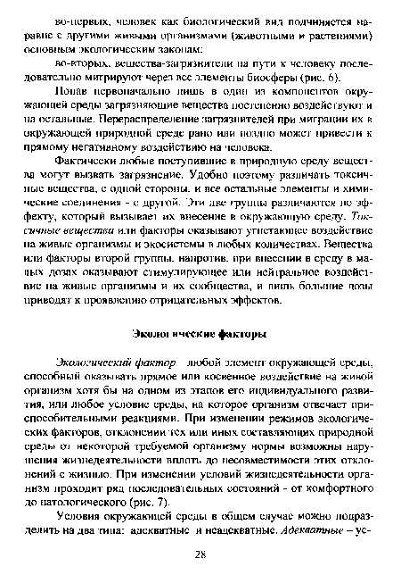 Экологический фактор - любой элемент окружающей среды, способный оказывать прямое или косвенное воздействие на живой организм хотя бы на одном из этапов его индивидуального развития, или любое условие среды, на которое организм отвечает приспособительными реакциями. При изменении режимов экологических факторов, отклонении тех или иных составляющих природной среды от некоторой требуемой организму нормы возможны нарушения жизнедеятельности вплоть до несовместимости этих отклонений с жизнью. При изменении условий жизнедеятельности организм проходит ряд последовательных состояний - от комфортного до патологического (рис. 7).