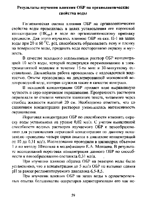 Пороговая концентрация ОБР по способности изменять окраску воды установлена на уровне 0,02 мл/л. С учетом выявленной способности водных растворов изучаемого ОБР к ценообразованию для установления пороговой концентрации по данному показателю проведены четыре серии опытов в диапазоне концентраций от 10 до 0,31 мл/л. Исследования проводили в цилиндрах объемом 1 л по методу Штюпеля в модификации Е.А. Можаева. В результате исследований пороговая концентрация данного ОБР по способности к пенообразованию составила 0,31 мл/л.