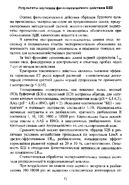 Оценка фитотоксического действия образцов бурового шлама проводилась экспресс-методом на проращивание семян, предусмотренным методической схемой эколого-гигиенической экспертизы промышленных отходов и являющимся обязательным при обосновании ПДК химических веществ в почве.