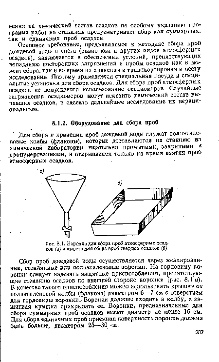 Воронка для сбора проб атмосферных осадков (а) и кювета для сбора проб твердых осадков (б).