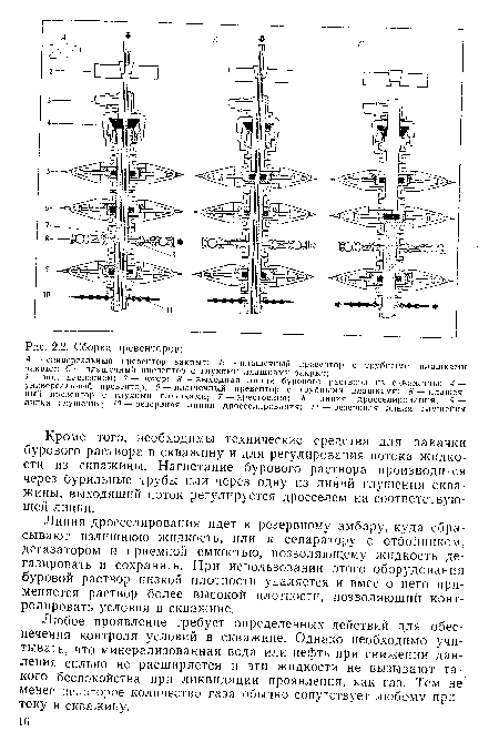 Кроме того, необходимы технические средства для закачки бурового раствора в скважину и для регулирования потока жидкости из скважины. Нагнетание бурового раствора производится через бурильные трубы или через одну из линий глушения скважины, выходящий поток регулируется дросселем на соответствую-щей линии.