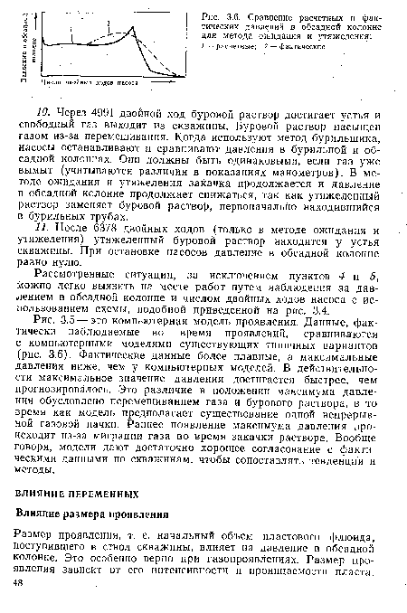 Рассмотренные ситуации, за исключением пунктов 4 и 5, можно легко выявить на месте работ путем наблюдения за давлением в обсадной колонне и числом двойных ходов насоса с использованием схемы, подобной приведенной на рис. 3.4.