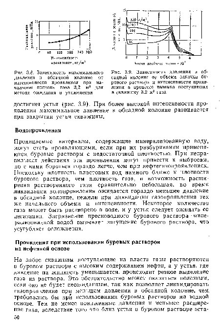 Проницаемые интервалы, содержащие минерализованную воду, могут стать проявляющими, если при их разбуривании применяются буровые растворы с недостаточной плотностью. При неправильных действиях эти проявления могут привести к выбросам, но с ними бороться гораздо легче, чем при нефтегазопроявлениях. Поскольку плотность пластовых вод намного ближе к плотности бурового раствора, чем плотность газа, и возможность расширения растворенного газа сравнительно небольшая, во время ликвидации водопроявления ожидается гораздо меньшее давление в обсадной колонне, нежели при ликвидации газопроявления тех же начального объема и интенсивности. Некоторое количество газа может быть растворено в воде, и у устья следует ожидать ее дегазации. Загрязнение пресноводного бурового раствора минерализованной водой вызывает загущение бурового раствора, что усугубляет осложнения.