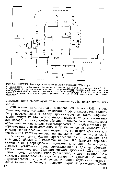 Эти замечания относятся и к подводным сборкам ОП, за исключением того, что линии глушения и дросселирования должны быть подсоединены к блоку дросселирования таким образом, чтобы любую из них можно было использовать для нагнетания или отбора, а также чтобы обе линии можно было использовать одновременно как линии дросселирования. Это обеспечивает резервирование и позволяет одну и ту же линию использовать для регулирования давления или открыть ее на второй дроссель для уменьшения противодавления на скважине, как описано в гл. 3.