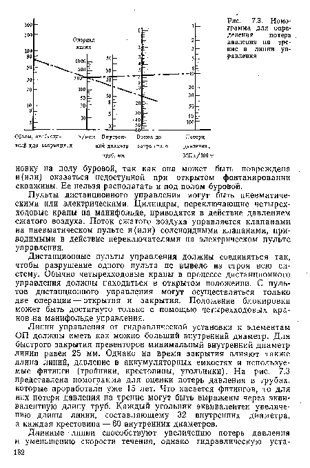 Дистанционные пульты управления должны соединяться так, чтобы разрушение одного пульта не вывело из строя всю систему. Обычно четырехходовые краны в процессе дистанционного управления должны находиться в открытом положении. С пультов дистанционного управления могут осуществляться только две операции — открытия и закрытия. Положение блокировки может быть достигнуто только с помощью четырехходовых кранов на манифольде управления.