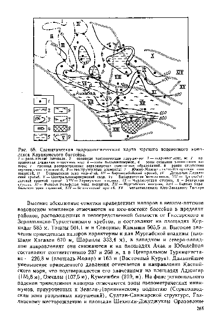 Схематическая гидродинамическая карта юрского водоносного комплекса Каракумского бассейна.