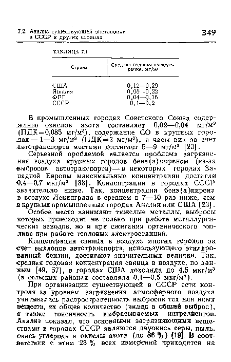 Концентрации свинца в воздухе многих городов за счет выхлопов автотранспорта, использующего этилированный бензин, достигают значительных величин. Так, -средняя годовая концентрация свинца в воздухе, по данным [49, 57], в городах США доходила до 4,5 мкг/м3 (в сельских районах составляла 0,1—0,5 мкг/м3).