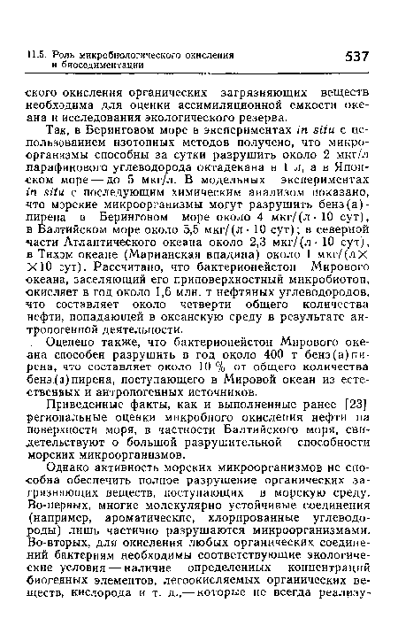 Приведенные факты, как и выполненные ранее [23] региональные оценки микробного окисления нефти на поверхности моря, в частности Балтийского моря, свидетельствуют о большой разрушительной способности морских микроорганизмов.