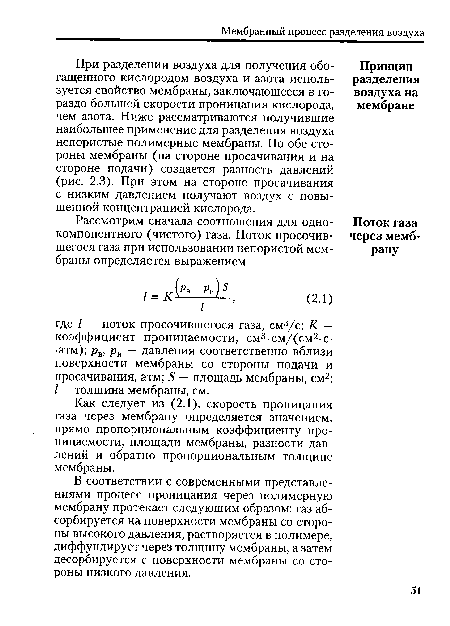 В соответствии с современными представлениями процесс проницания через полимерную мембрану протекает следующим образом: газ абсорбируется на поверхности мембраны со стороны высокого давления, растворяется в полимере, диффундирует через толщину мембраны, а затем десорбируется с поверхности мембраны со стороны низкого давления.