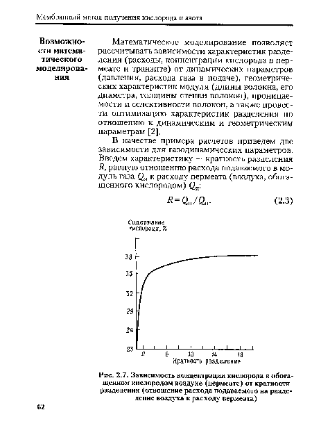 Зависимость концентрации кислорода в обогащенном кислородом воздухе (пермеате) от кратности разделения (отношение расхода подаваемого на разделение воздуха к расходу пермеата)