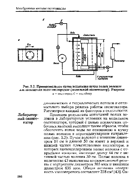 Принципиальная схема испытания пучка полых волокон для насыщения воды кислородом (модельный оксигенатор). Разрезы