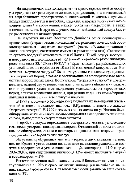 На закрытых шахтах Восточного Донбасса ранее неоднократно проявлялось (с трагическими исходами) загрязнение помещений обескислороженным “мертвым воздухом” (часть обескислороженного шахтного воздуха, состоящего из азота и углекислого газа). Скопления “мертвого воздуха” отмечались и в г.Шахты. Такой воздух поступал в поверхностные помещения из подземных выработок ранее ликвидированных шахт 33, “20 лет РККА” и “Красненькая”, разрабатывавших угольный пласт на глубинах от 10 до 150 м от земной поверхности. Выделения “мертвого воздуха” были приурочены к выходам трещиноватых, пористых пород, а также к сообщающимся с поверхностью выработкам заброшенных шахт. Поступление “мертвого воздуха” в поверхностную атмосферу усиливалось после выпадения обильных осадков, инициирующих усиленное выделение углекислоты из карбонатных пород, а также в весенние месяцы, при резких падениях атмосферного давления и повышении температуры воздуха.