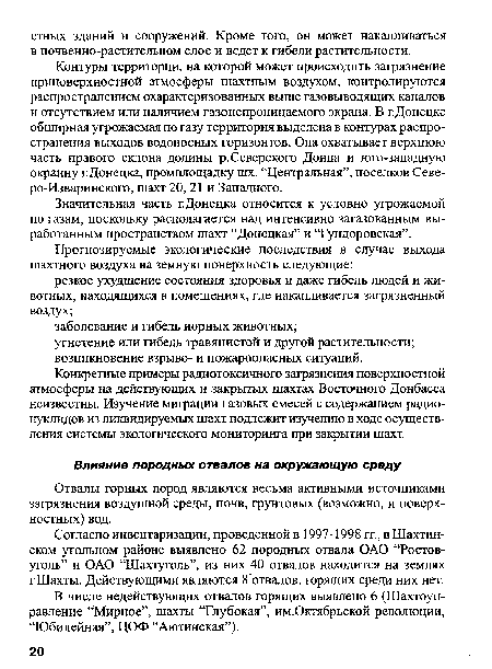 В числе недействующих отвалов горящих выявлено 6 (Шахтоуправление “Мирное”, шахты “Глубокая”, им.Октябрьской революции, “Юбилейная”, ЦОФ “Аютинская”).