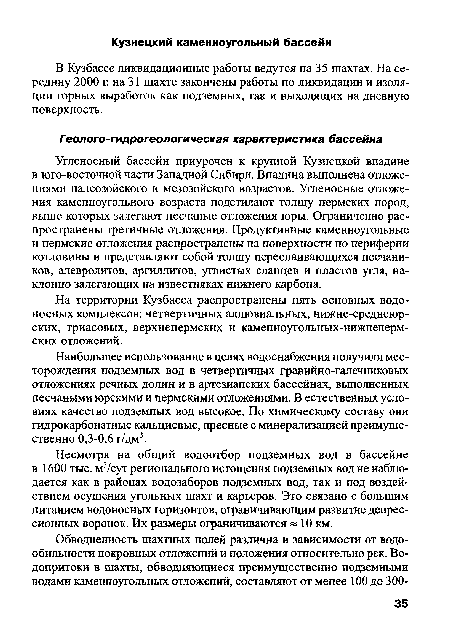 Наибольшее использование в целях водоснабжения получили месторождения подземных вод в четвертичных гравийно-галечниковых отложениях речных долин и в артезианских бассейнах, выполненных песчаными юрскими и пермскими отложениями. В естественных условиях качество подземных вод высокое. По химическому составу они гидрокарбонатные кальциевые, пресные с минерализацией преимущественно 0,3-0,6 г/дм3.