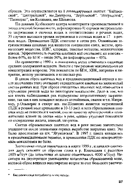 В целом сброс шахтных вод в предликвидационный период и после затопления шахт оказывает отрицательное влияние на химический состав речных вод. При сбросе очищенных шахтных вод отмечается и улучшение речной воды по некоторым показателям. Дело в том, что все шесть наблюдаемых рек подвержены антропогенному загрязнению, так как в них попадают воды из отстойников, свалок и т.п. Например, р.Ольжерас в створе шх. им.Шевякова является загрязненной (ПДК в речной воде превышено в 10-15 раз), и хотя сбрасываемая шахтная вода не относится к чистой, она по качеству лучше речной и положительно влияет на состав воды в реке, однако ухудшает показатели по содержанию железа, взвесей, нитритов.