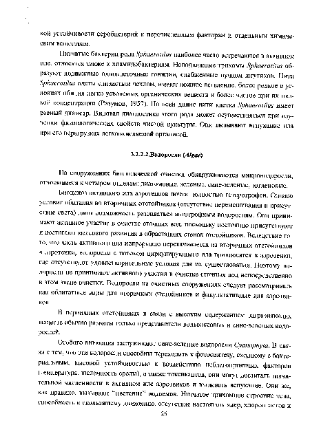 На сооружениях биологической очистки обнаруживаются микроводоросли, относящиеся к четырем отделам: диатомовые, зеленые, сине-зеленые, эвгленовые.