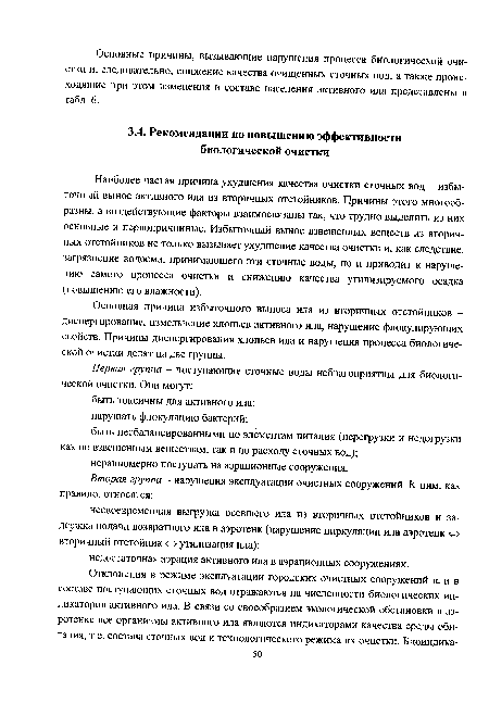 Наиболее частая причина ухудшения качества очистки сточных вод - избыточный вынос активного ила из вторичных отстойников. Причины этого многообразны, а воздействующие факторы взаимосвязаны так, что трудно выделить из них основные и первопричинные. Избыточный вынос взвешенных веществ из вторичных отстойников не только вызывает ухудшение качества очистки и, как следствие, загрязнение водоема, принимающего эти сточные воды, но и приводит к нарушению самого процесса очистки и снижению качества утилизируемого осадка (повышению его влажности).