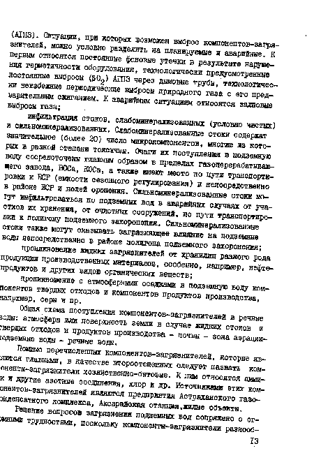 Помимо перечисленных компонентов-загрязнителей, которые яв-яются главными, в качестве второстепенных следует назвать ком-оненты-загрязнители хозяйственно-бытовые. К ним относятся амми-к и другие азотные соединения, хлор и др. Источниками этих ком-онентов-загрязнителей являются предприятия Астраханского газо-энденсатного комплекса, Аксарайская станция,жилые объекты.