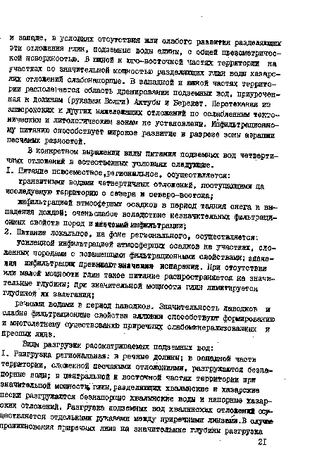 В конкретном выражении виды питания подземных вод четвертичных отложений в естественных условиях следующие.