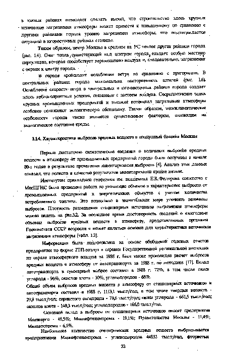 Первые достаточно схематические сведения о величинах выбросов вредных веществ в атмосферу от промышленных предприятий города были получены в начале 80-х годов в результате проведения инвентаризации выбросов 4]. Анализ этих данных показал, что полнота и качество результатов инвентаризации крайне низкое.