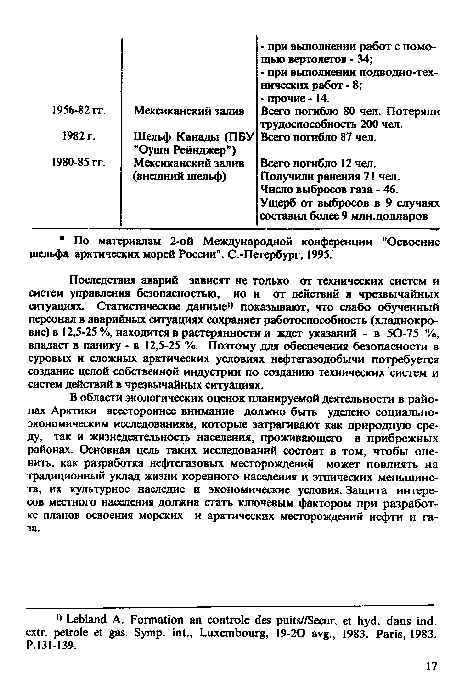 Последствия аварий зависят не только от технических систем и систем управления безопасностью, но и от действий в чрезвычайных ситуациях. Статистические данные ) показывают, что слабо обученный персонал в аварийных ситуациях сохраняет работоспособность (хладнокровие) в 12,5-25 %, находится в растерянности и ждет указаний - в 50-75 %, впадает в панику - в 12,5-25 %. Поэтому для обеспечения безопасности в суровых и сложных арктических условиях нефтегазодобычи потребуется создание целой собственной индустрии по созданию технических систем и систем действий в чрезвычайных ситуациях.