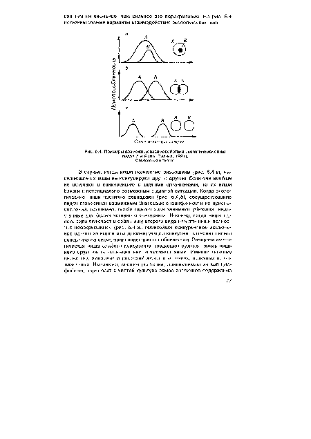 Примеры возможных взаимодействий экологических ниш видов А и В (по