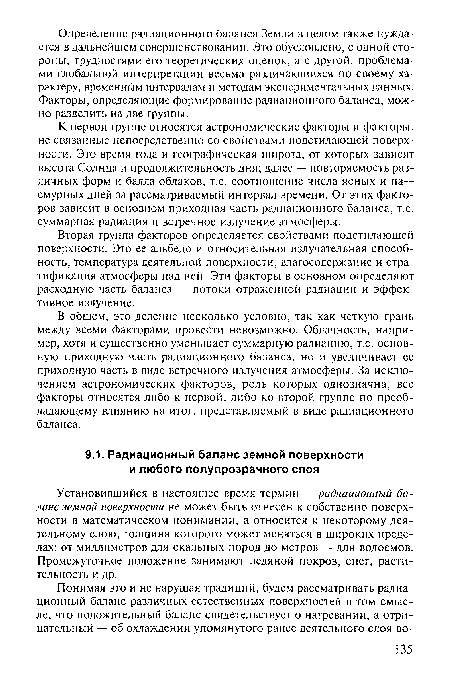 К первой группе относятся астрономические факторы и факторы, не связанные непосредственно со свойствами подстилающей поверхности. Это время года и географическая широта, от которых зависят высота Солнца и продолжительность дня; далее — повторяемость различных форм и балла облаков, т.е. соотношение числа ясных и пасмурных дней за рассматриваемый интервал времени. От этих факторов зависит в основном приходная часть радиационного баланса, т.е. суммарная радиация и встречное излучение атмосферы.